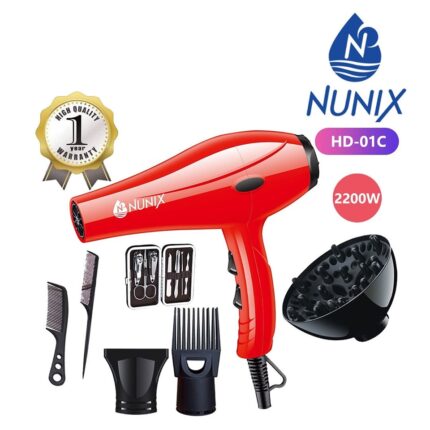 Nunix Hair Blow Dryer With Beauty Accessories HD-01C - Red